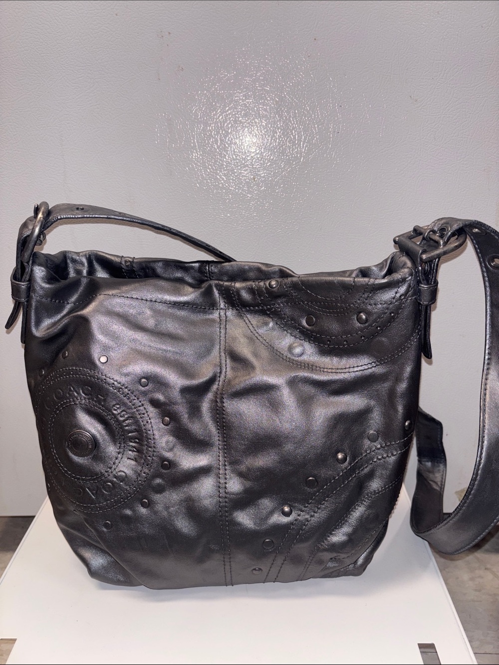 Coach Black Studded Leather Hobo Shoulder Bag